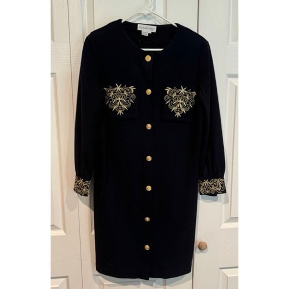 Vintage Outlander Black Gold Embroidered Knit Dress Button Front Career